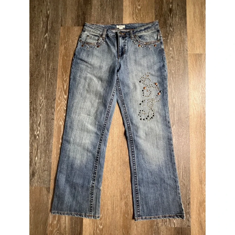 Cato Jeans Pants Women 12 Blue Studded Embellished Mid Rise Straight Leg 3155